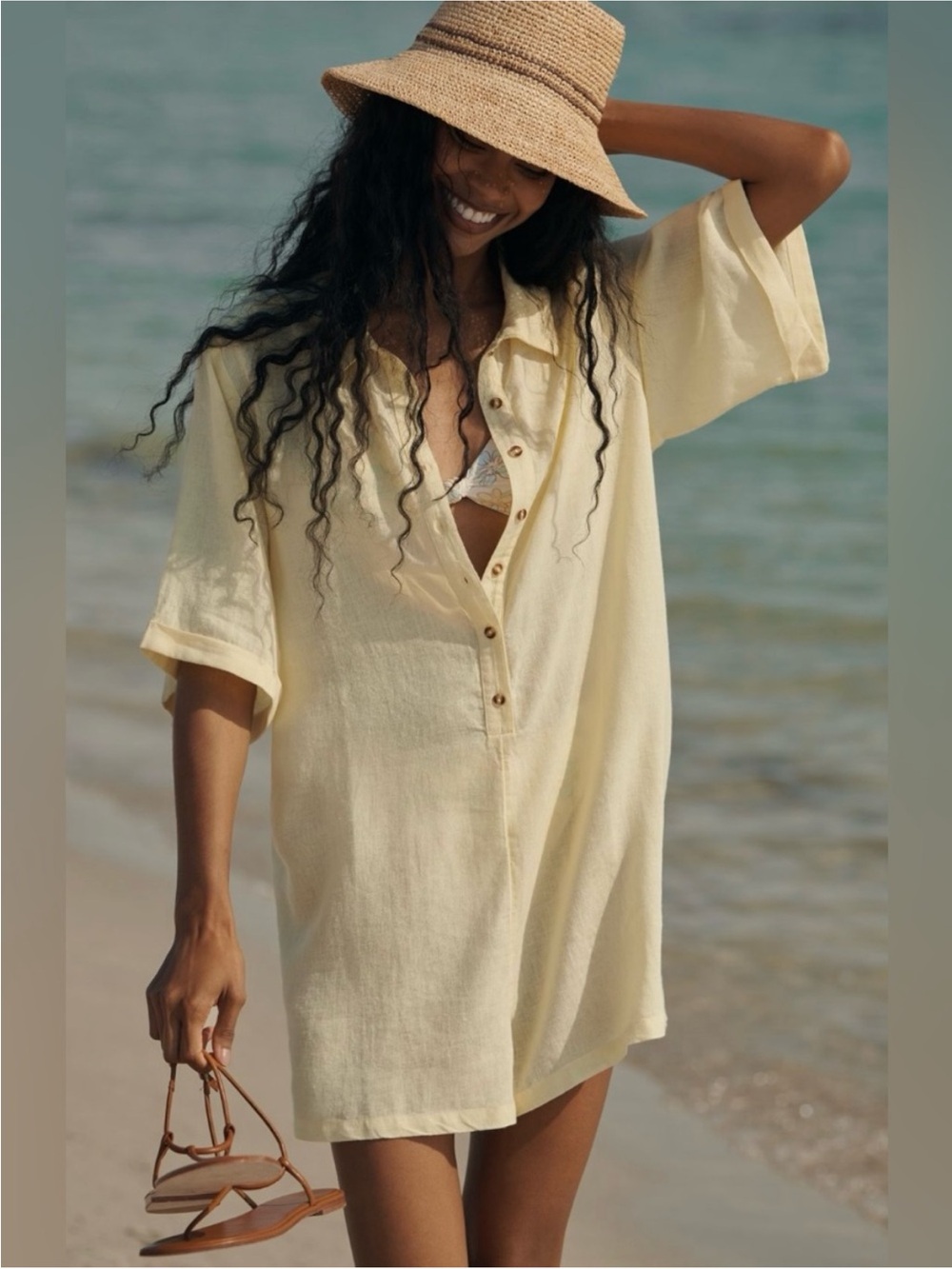 Anthropologie Short-Sleeve Collared Linen Romper Sz M Butter Yellow NWT